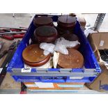 Crate containing large qty of round wooden furniture feet