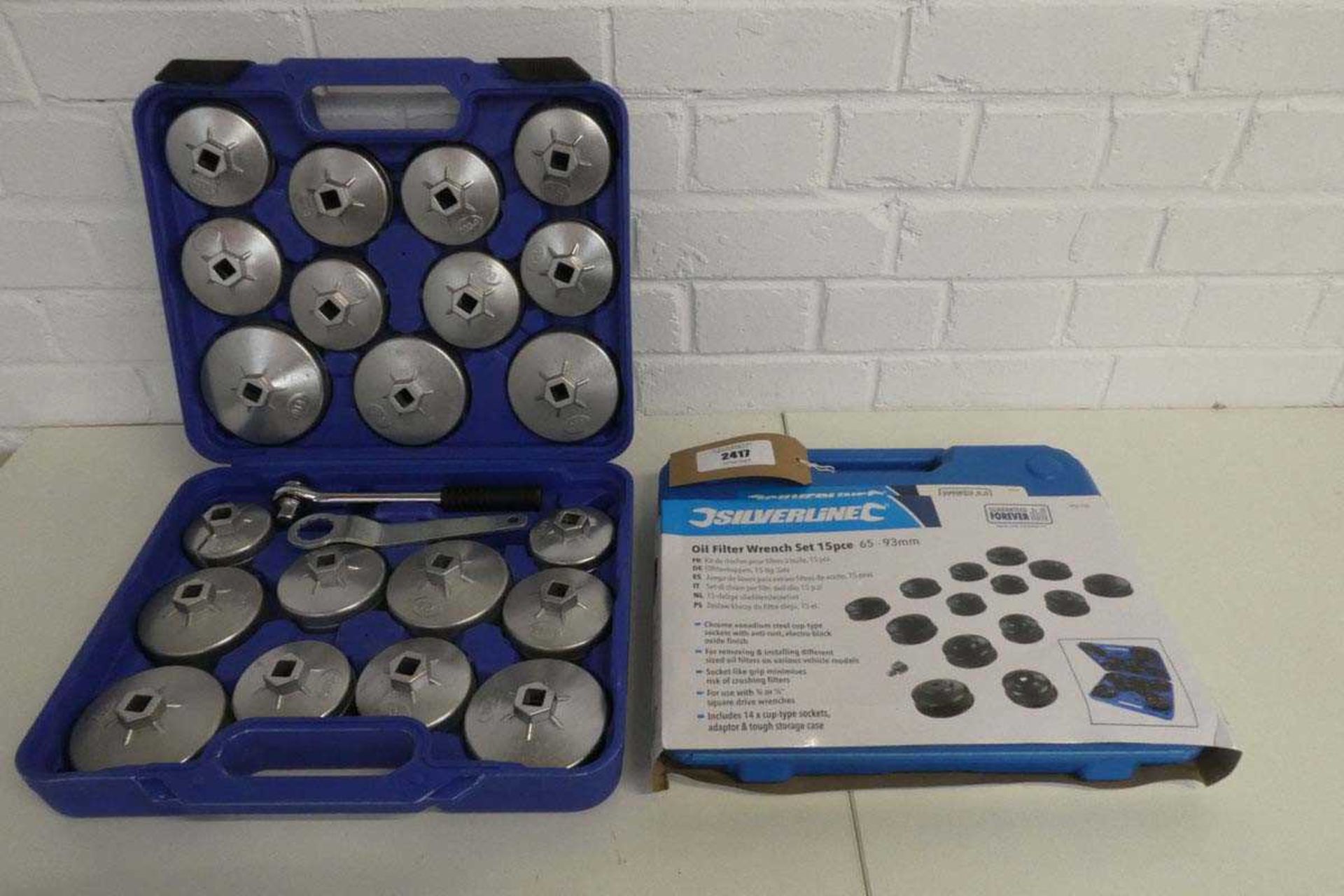 +VAT Cased Silver Line 15 piece oil filter wrench set together with a cased 23 piece oil filter