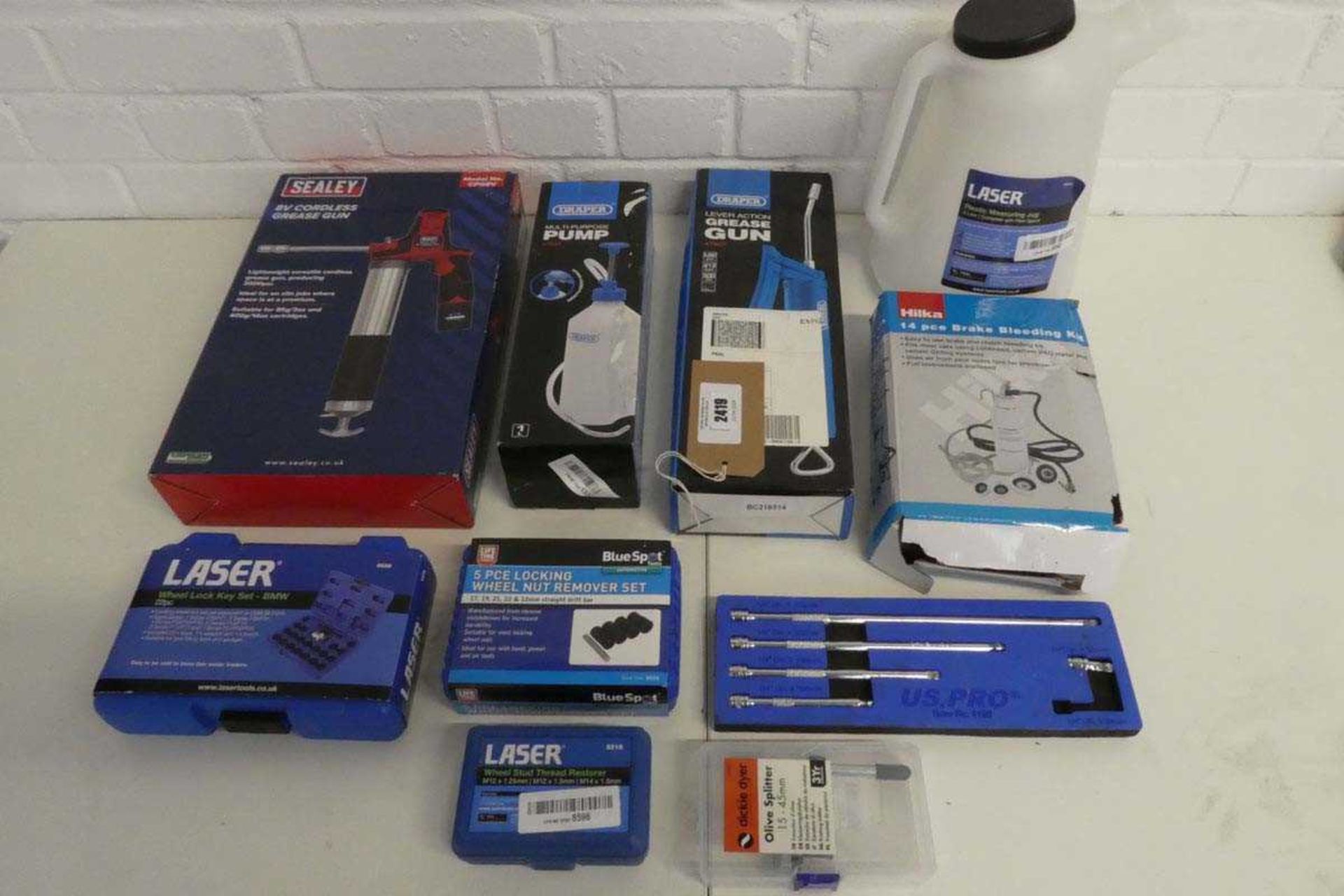 +VAT Quantity of car related tools and accessories to include Sealey 8v cordless grease gun,