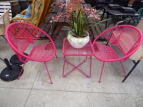 Pink rope effect 3 piece garden bistro set comprising 2 armchairs and matching glass top coffee