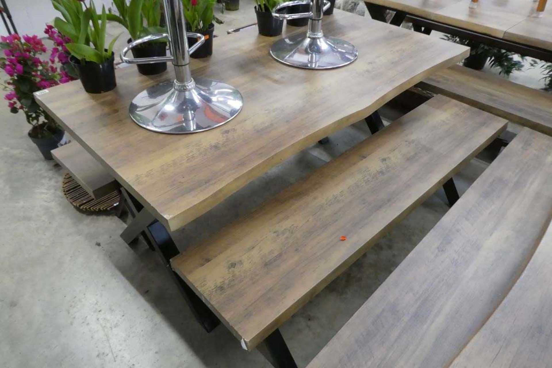 Dark wood effect 3 piece picnic style dining set to include table and 2 benches