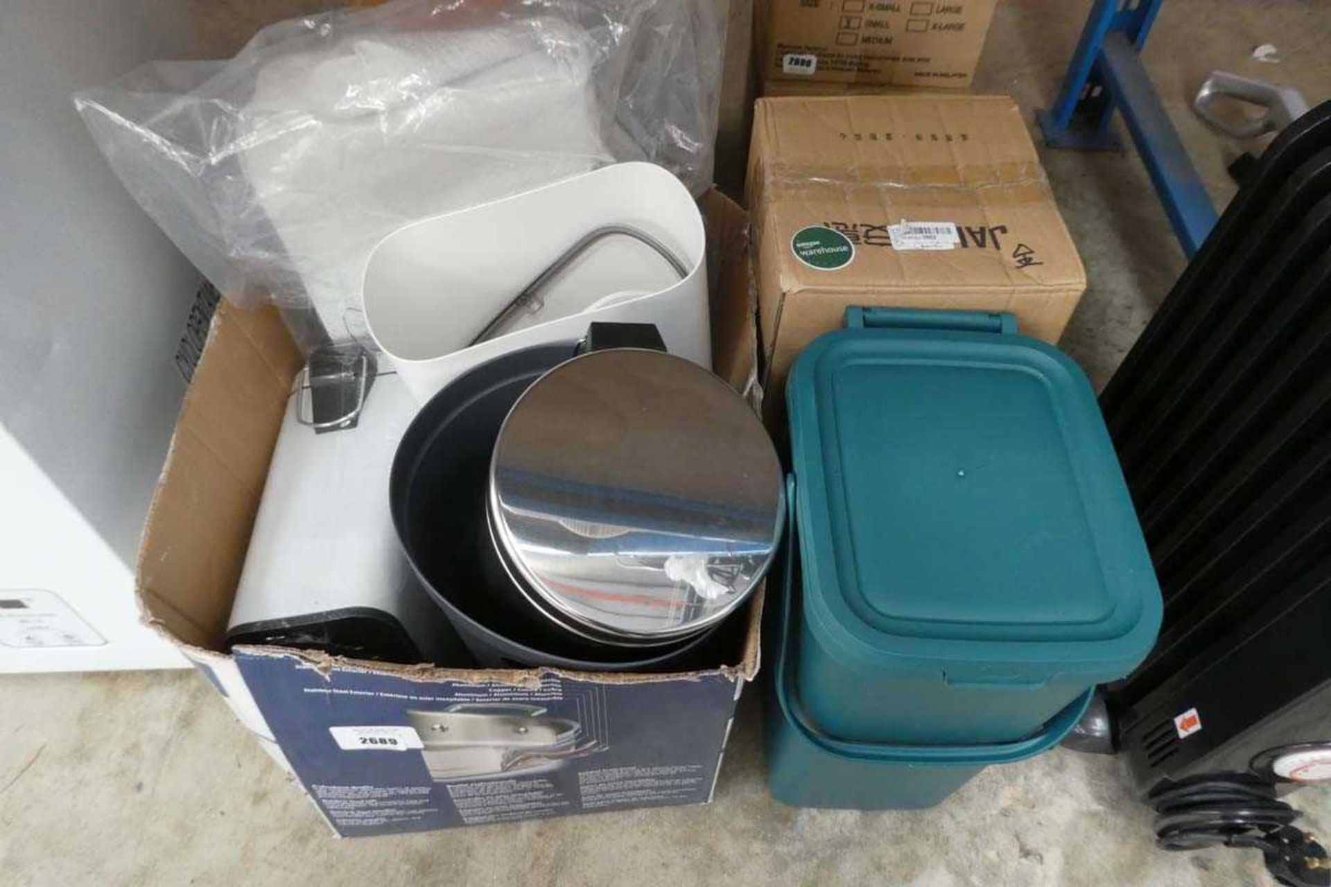 +VAT 2 boxes containing a quantity of various cleaning items to include pedal bins, mop buckets