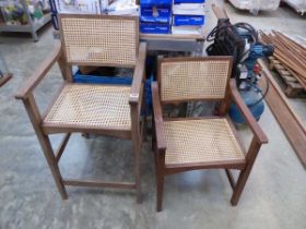 2 various wooden framed garden chairs each with bamboo style inserts