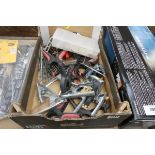 Crate containing qty of various bulldog style clips and clamps