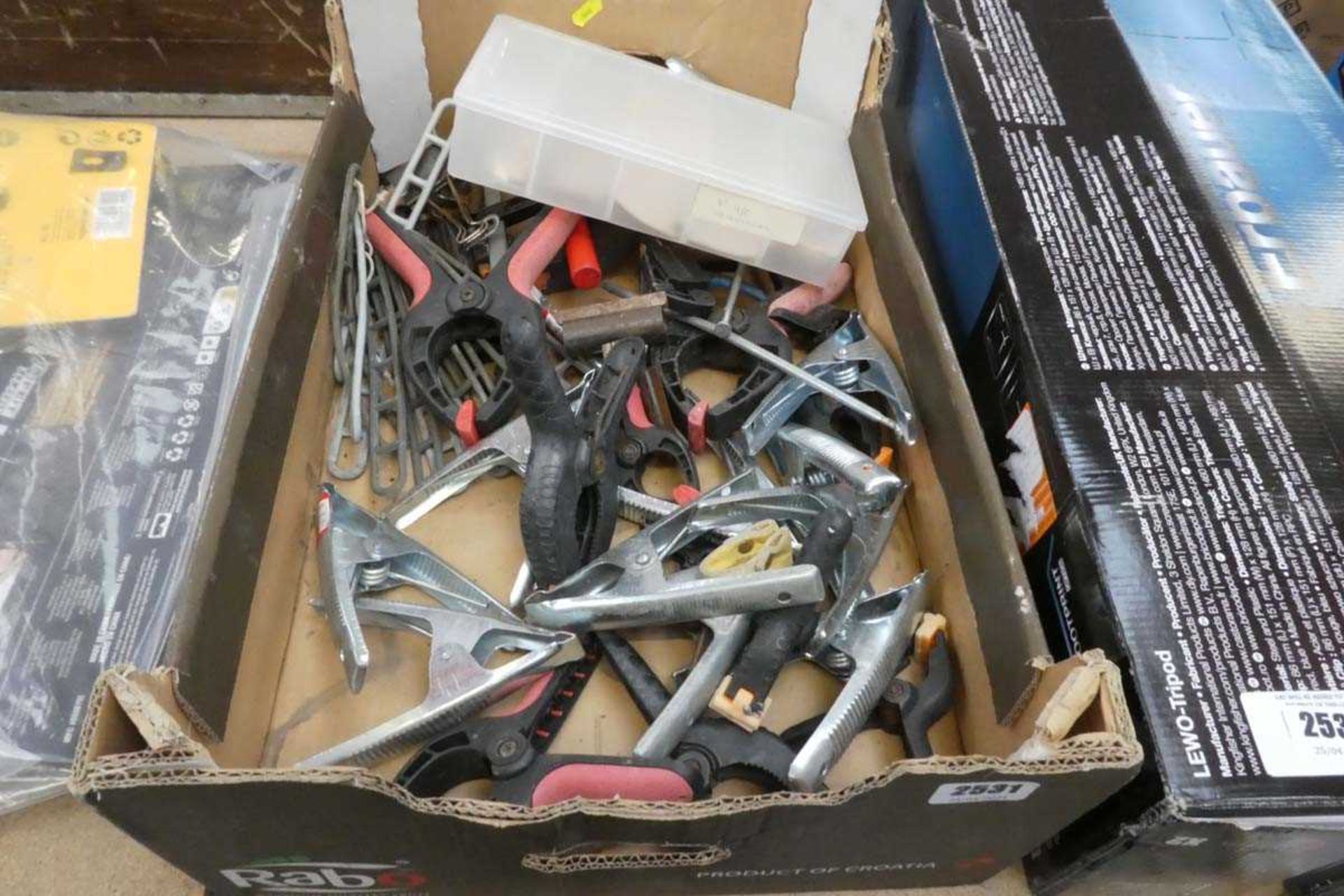 Crate containing qty of various bulldog style clips and clamps