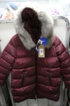 +VAT DKNY ladies coat with fur hood in Burgundy.