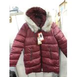 +VAT Ladies DKNY coat with fur hood in wine colour size M