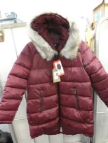 +VAT Ladies DKNY coat with fur hood in wine colour size M