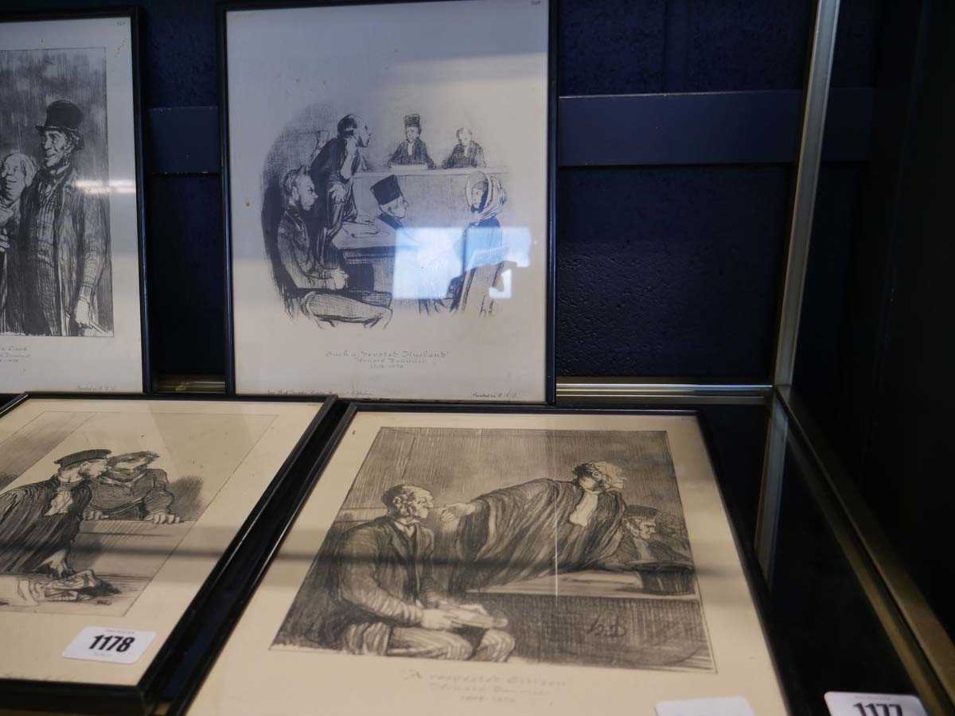5 framed and glazed New York Graphic Society prints depicting humorous courtroom scenes with 3 - Image 3 of 4