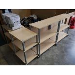 Collection of beech effect 3 tier shelving units on castors