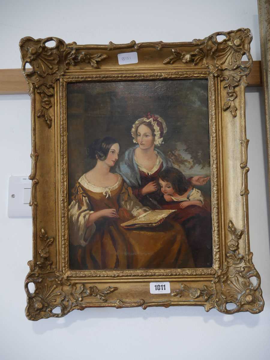 Oil painting of 2 women and a girl in gilt frame with floral still life - Image 2 of 3