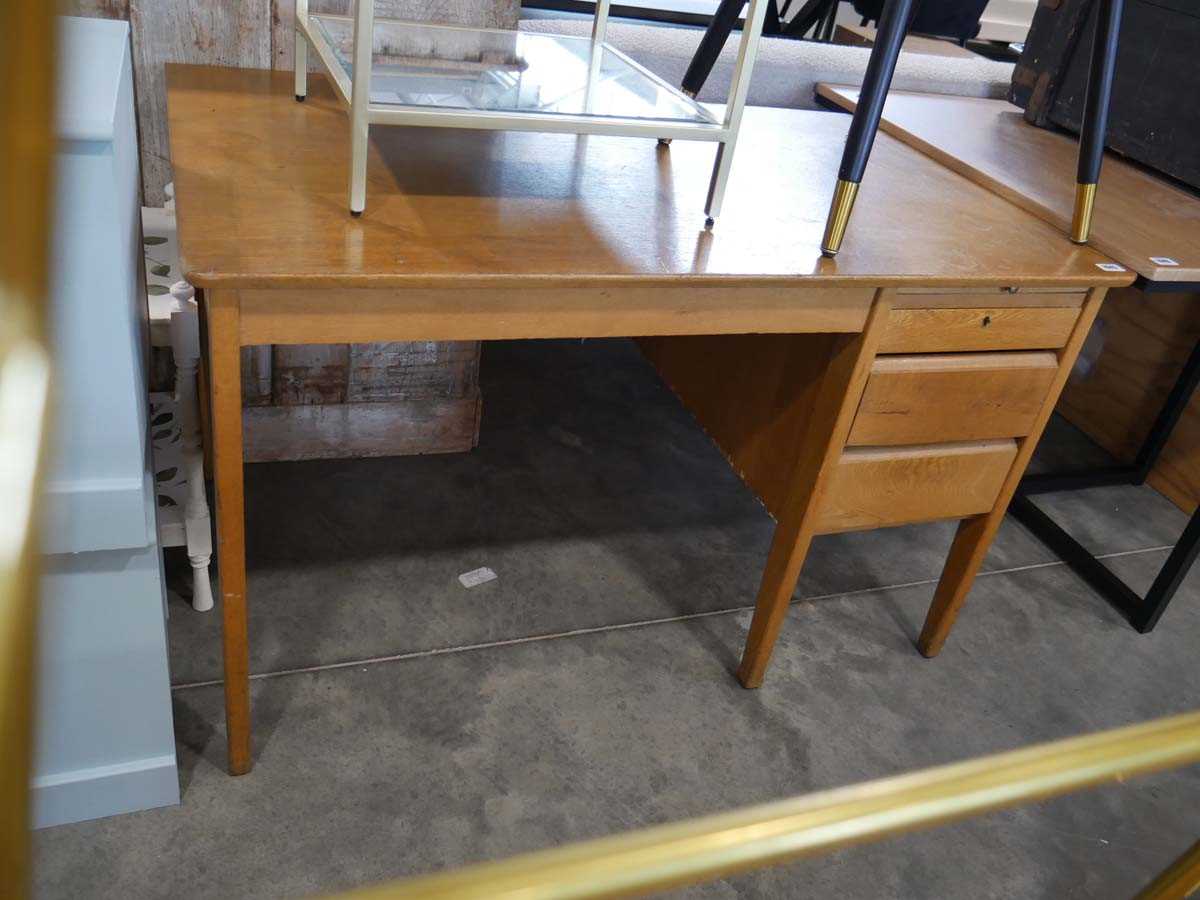 Mid Century honey oak finish desk with 3 integral drawers