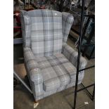 Modern grey check upholstered wing back easy chair