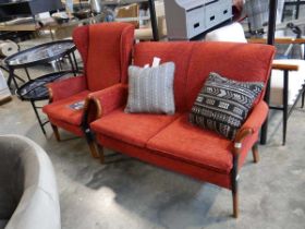 Parker Knoll red upholstered lounge suite incl. 2 seater sofa and wingback easy chair