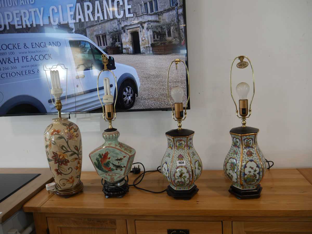 Pair of Oriental design ceramic table lamps with 2 various ceramic table lamp bases