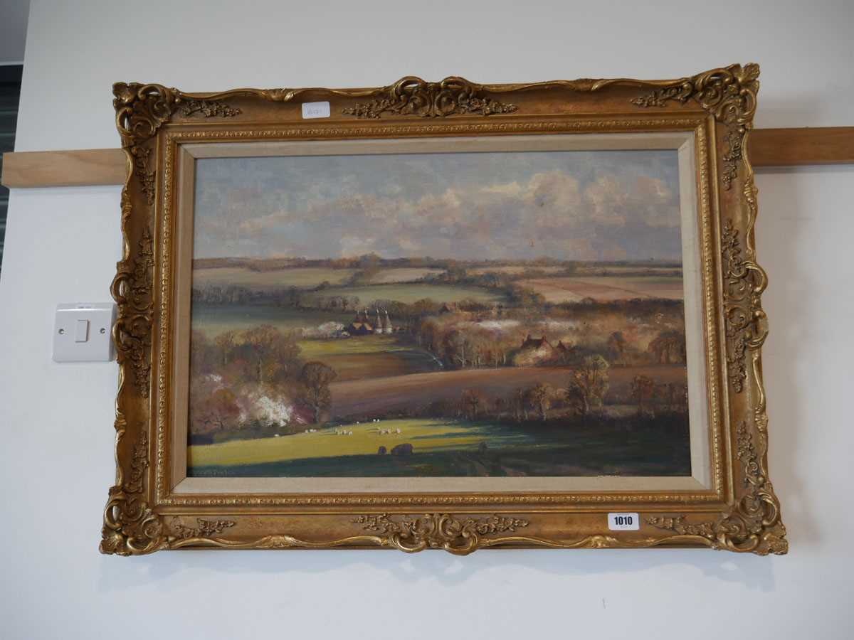 Acrylic on canvas landscape signed Kenneth Denton in ornate gilt frame