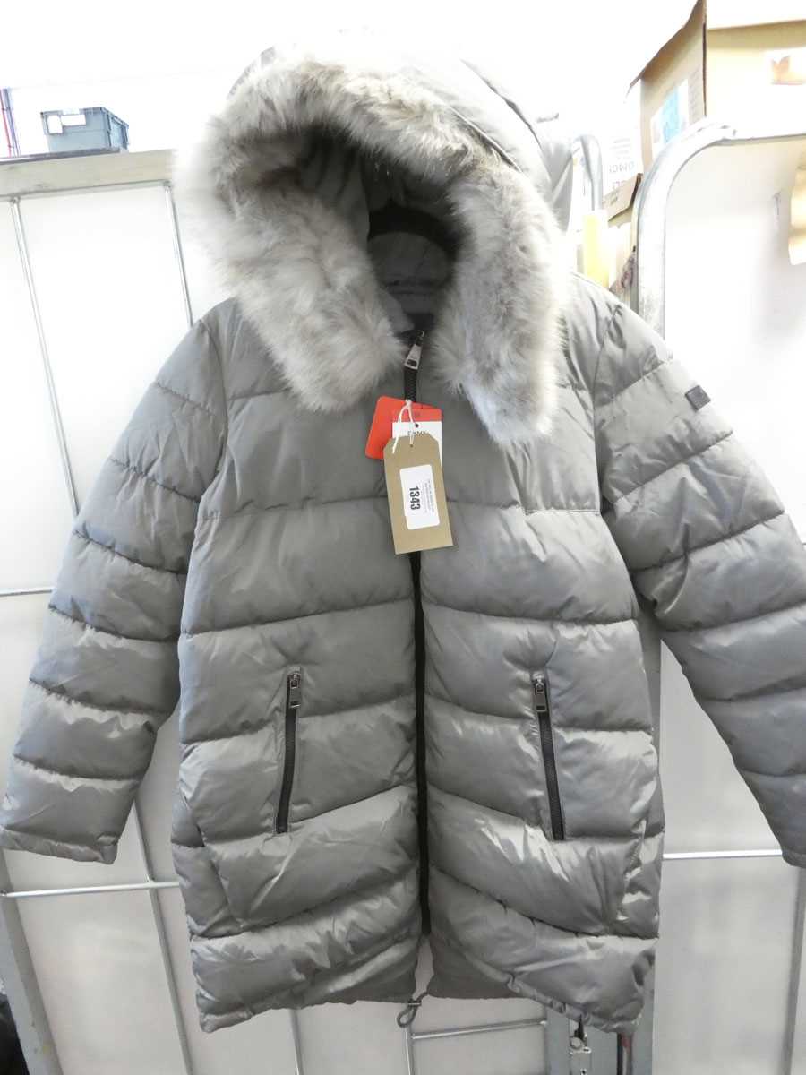 +VAT Ladies DKNY coat with fur hood in grey size M
