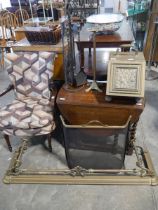 Collection of brass fire equipment including smokers stand, coal scuttle, fire screen and fender,