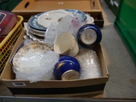 Box containing various Wedgewood collector plates, mugs, saucers by Brownfields Guild Pottery,