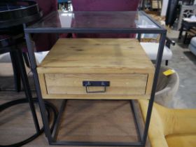 +VAT Metal framed glass top side table with central pine drawer