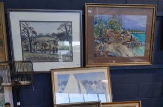 Group of 3 artworks incl. framed and glazed mixed media landscape signed, George Hooper, '39, framed