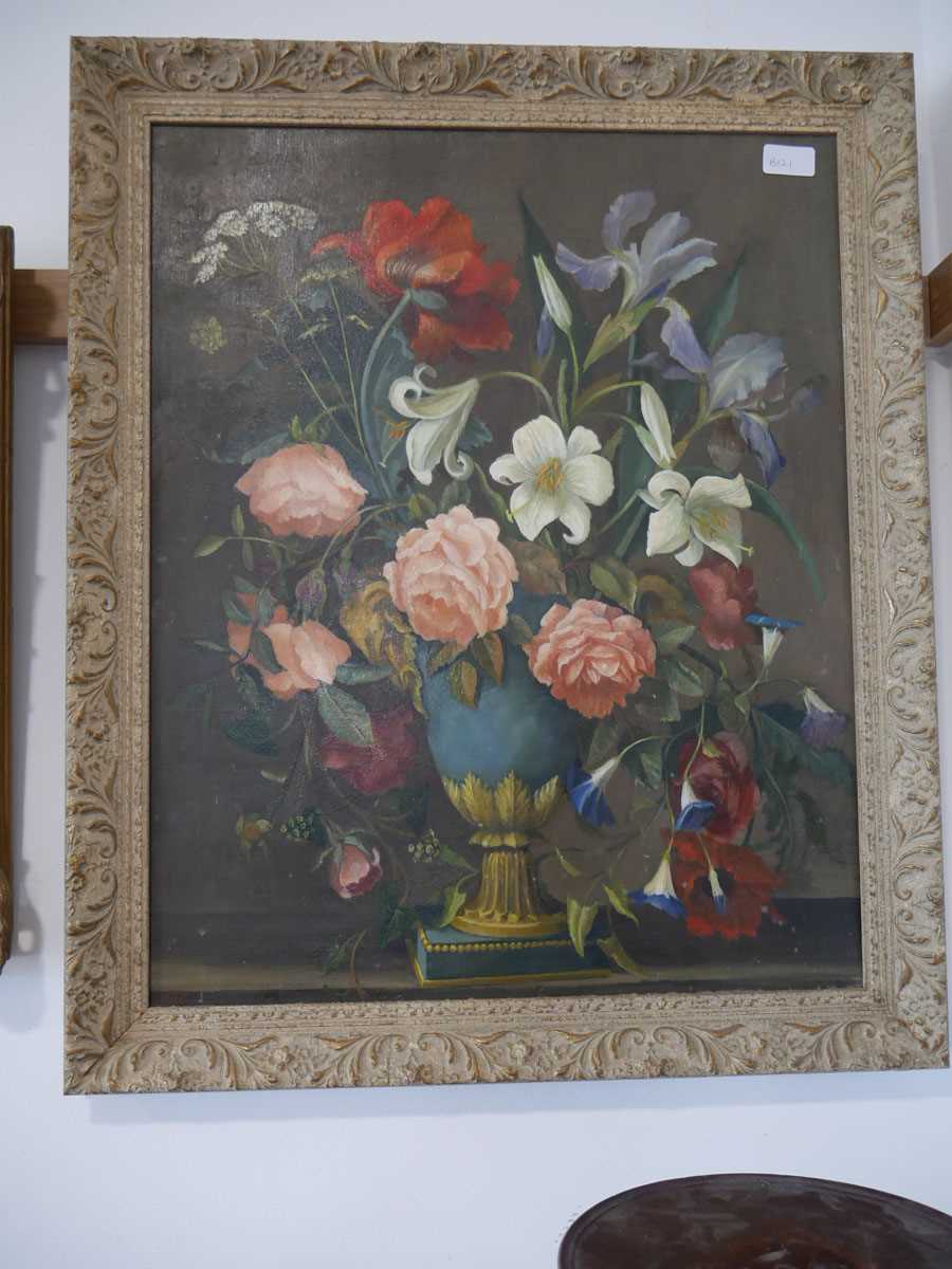 Oil painting of 2 women and a girl in gilt frame with floral still life - Image 3 of 3