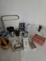 +VAT Kitchen items incl. cutlery drainers, wooden pestle and mortar, storage bin, dishes, lunch box,