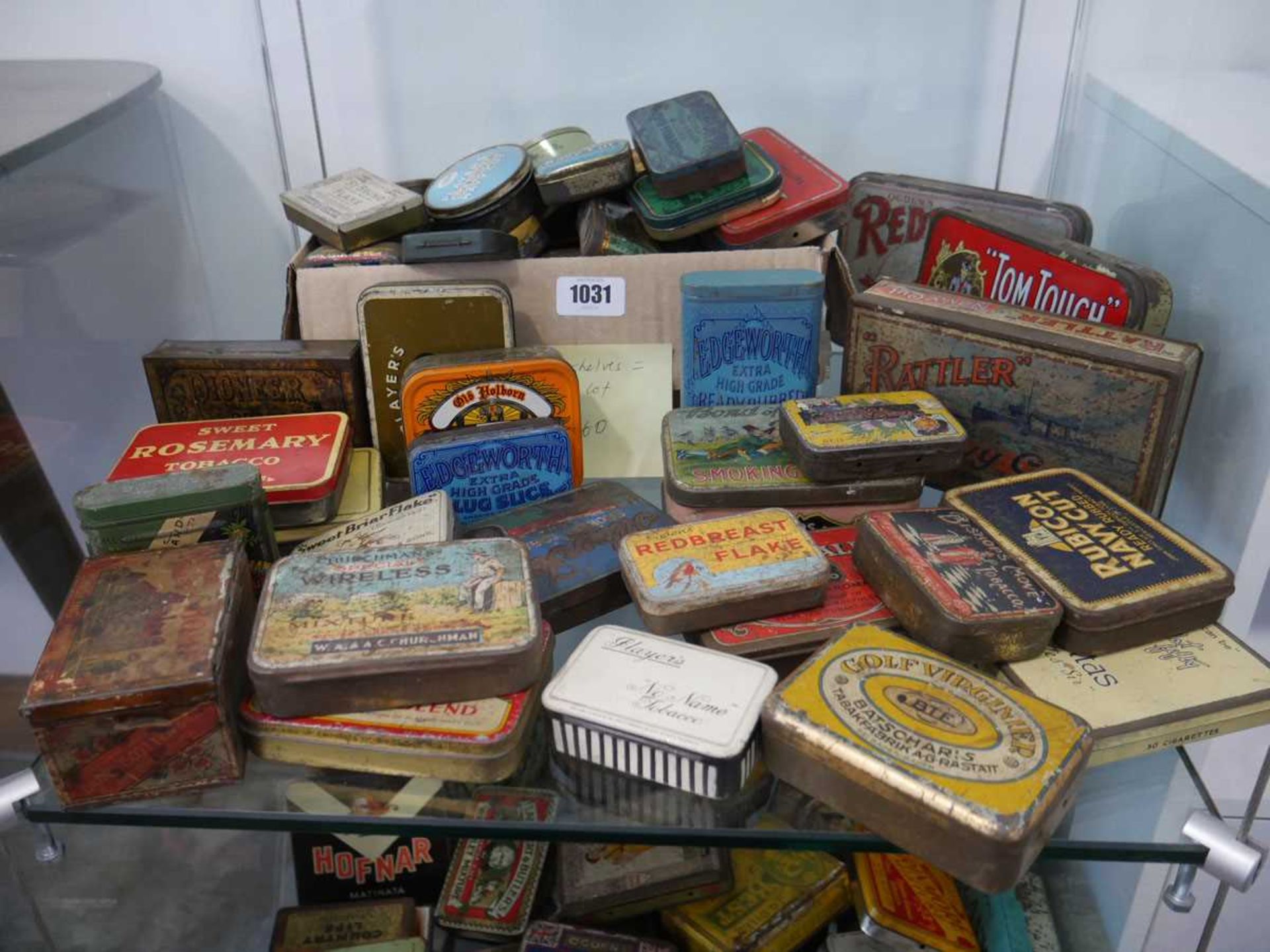 2 shelves of collectible tins, mostly tobacco - Image 2 of 3