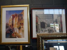 Lowry print of Street Scene Pendlebury; Venetian scene print in gilt frame; Champagne canvas artwork