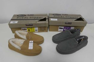 +VAT 2 boxed pairs of mens Kirkland suede slippers. ( grey size 9 & chestnut size 7)