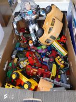 Box containing pre-loved cars and toys incl. Matchbox, Corgi, Toy Story Buzz Lightyear, etc.
