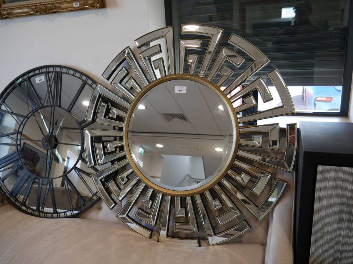 +VAT Large circular bevelled wall mirror in geometric patterned frame