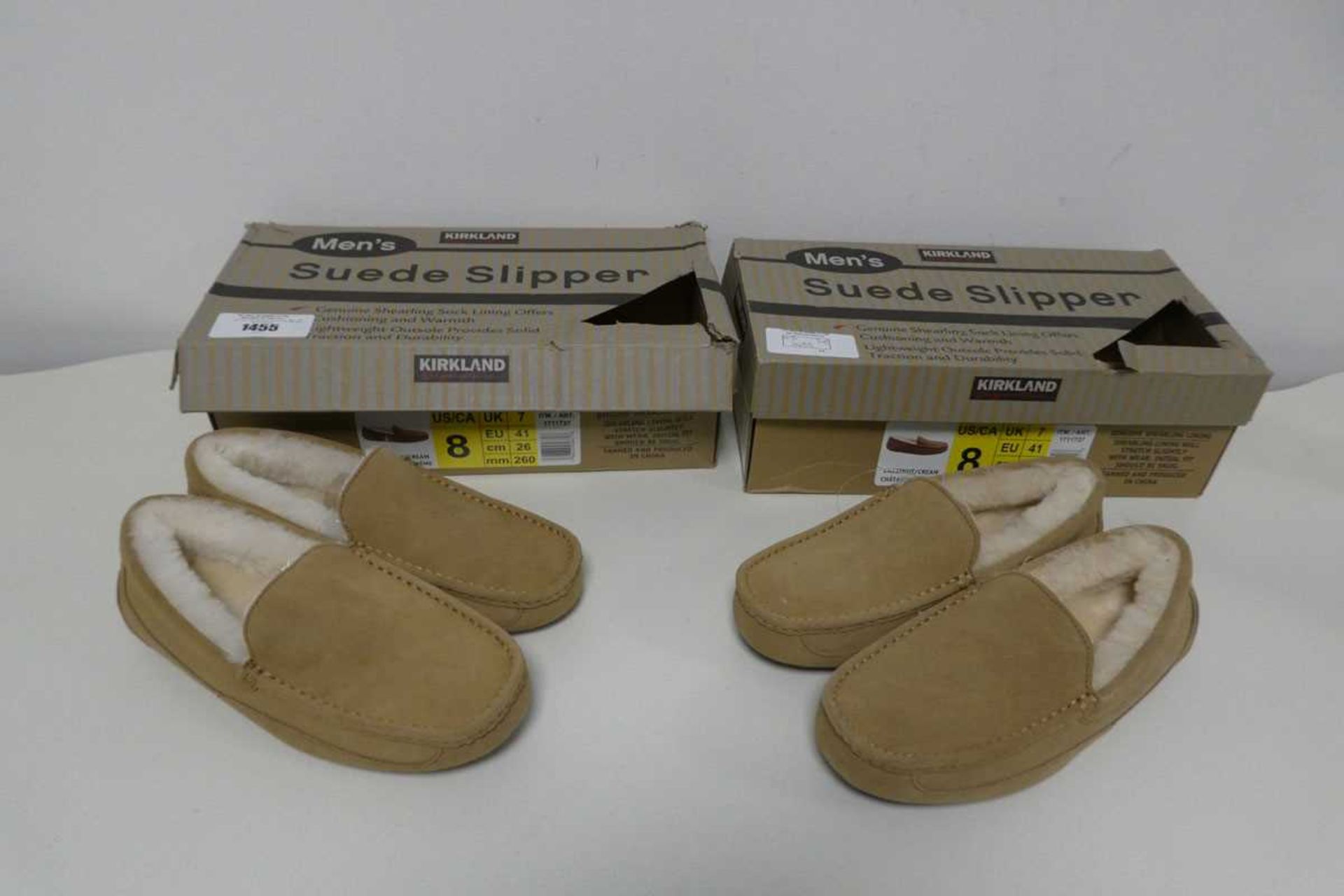 +VAT 2 boxed pairs of mens Kirkland suede slippers. Both size 7.