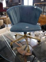 Teal suede upholstered desk chair on brass finish 5 star base