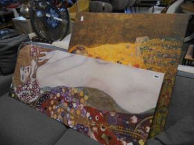 3 pieces of large canvas wall art, 2 in the style of Gustav Klimt and 1 marked Sam Toft