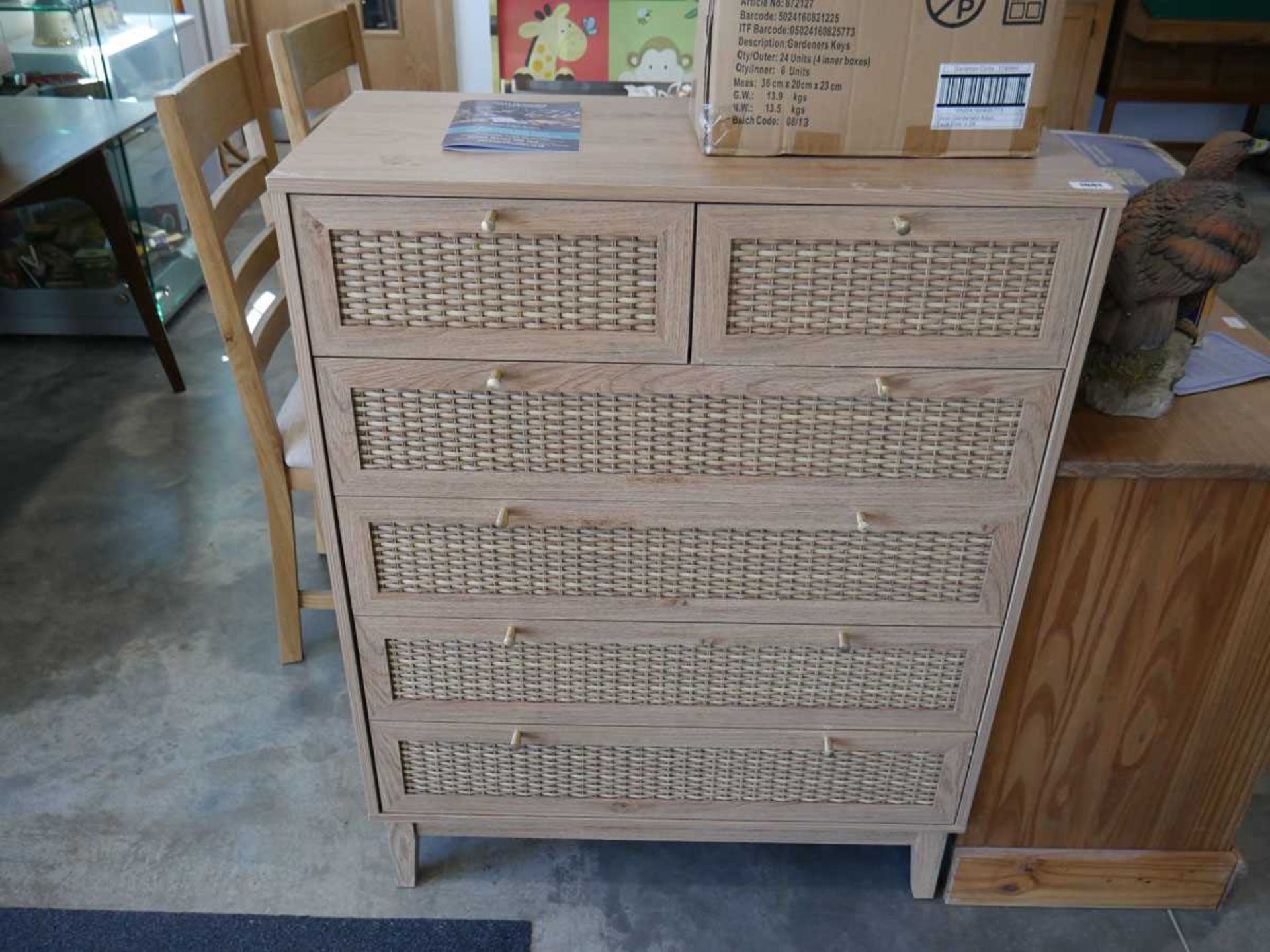 Modern light oak effect and rattan chest of 2 over 4 drawers