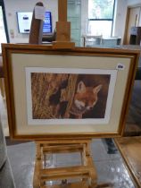 Folding artist's easel and framed and glazed print of fox (ltd. ed. no. 17/300) signed in pencil