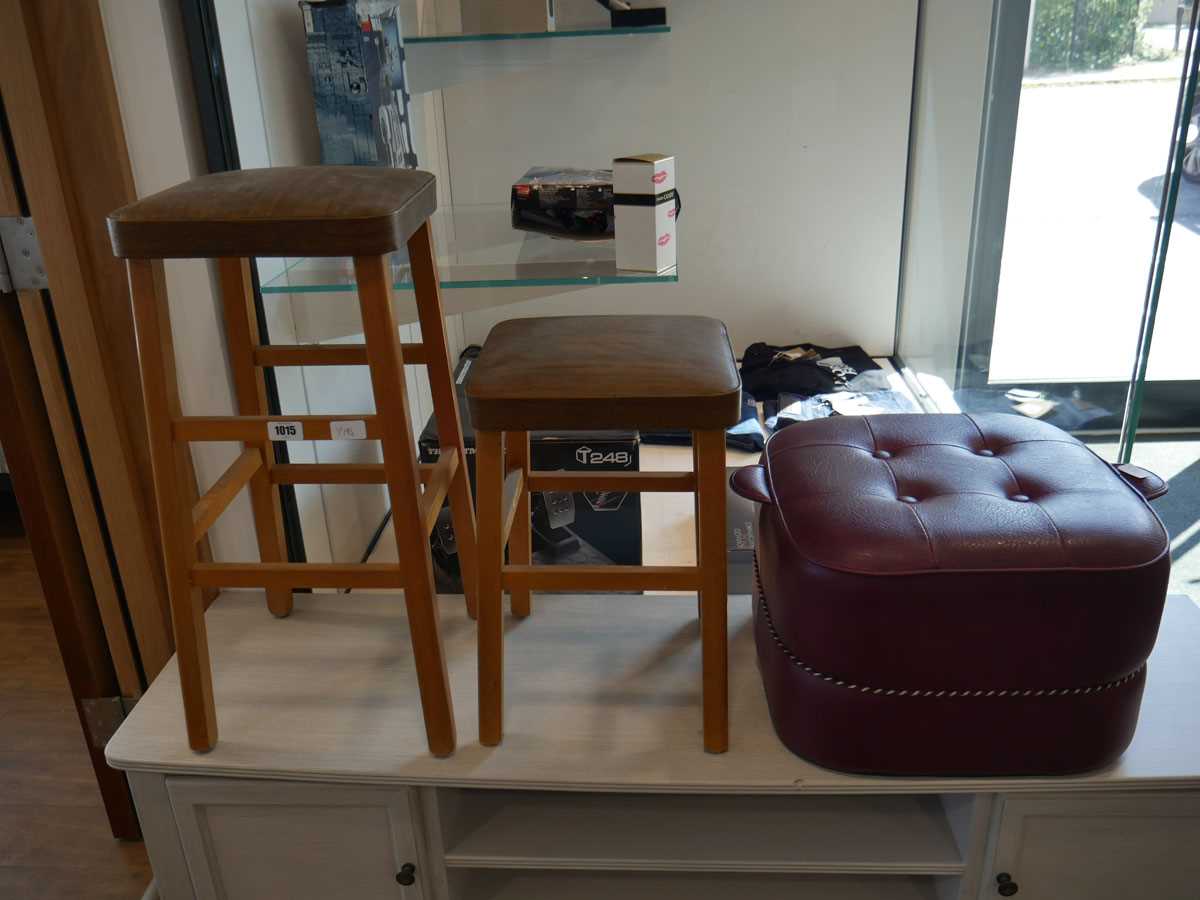 2 mid century stools with vinyl covered seats plus red leather upholstered footstool *Collector’s