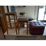 2 mid century stools with vinyl covered seats plus red leather upholstered footstool *Collector’s