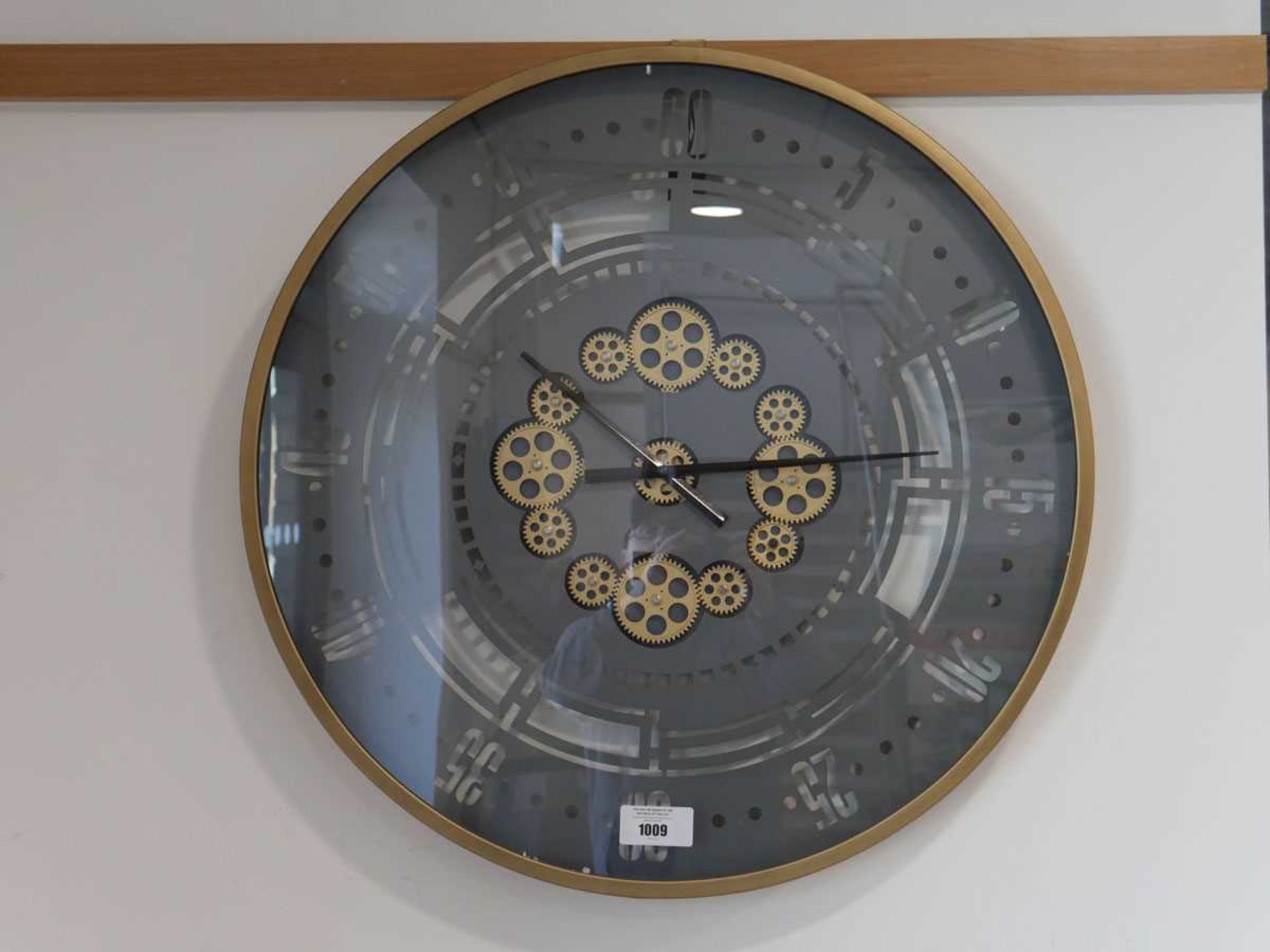 +VAT Large cog patterned wall clock in brass finish frame