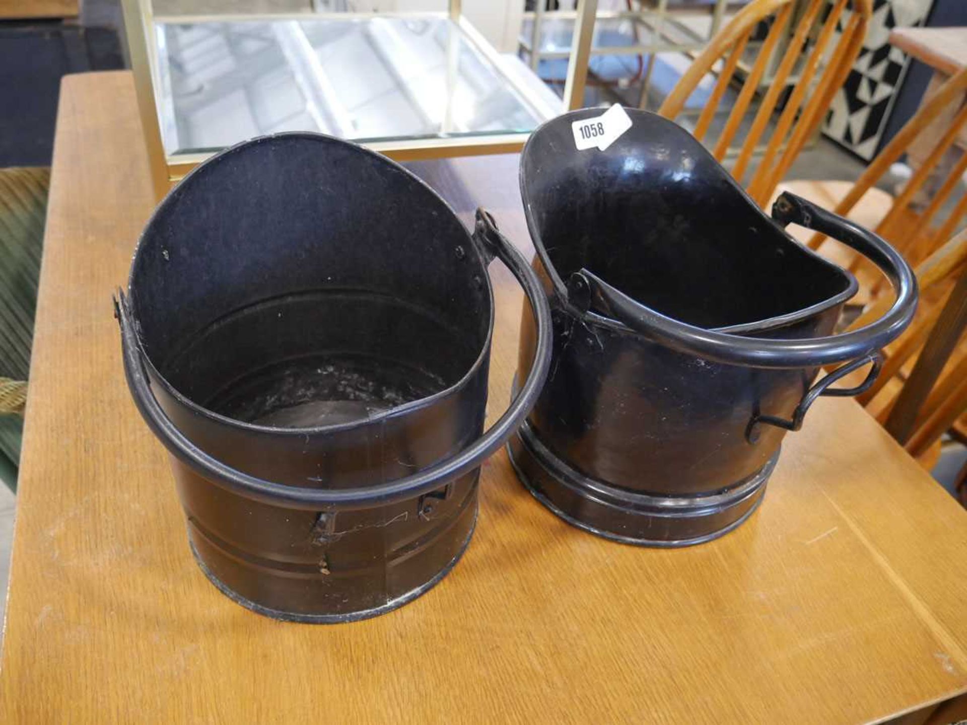 Pair of black metal coal scuttles