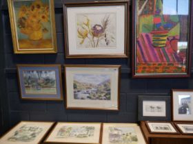 An assortment of 8 framed and glazed paintings and prints including a set of 3 by Bern Janetzki,