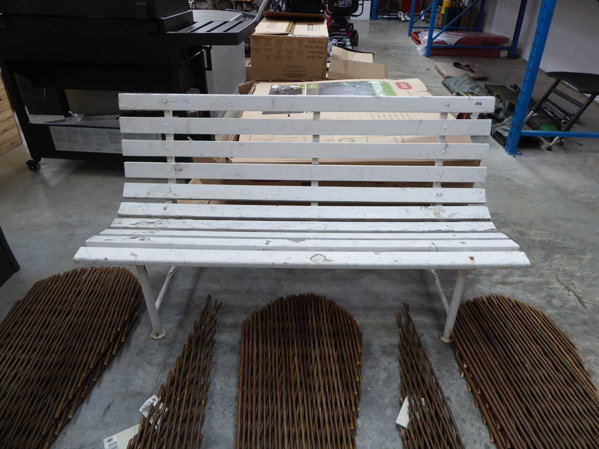 White wooden slatted 2 seater garden bench