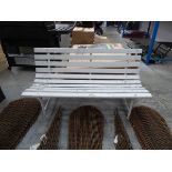 White wooden slatted 2 seater garden bench