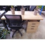 Wood effect 3 drawer desk with black meshed office armchair