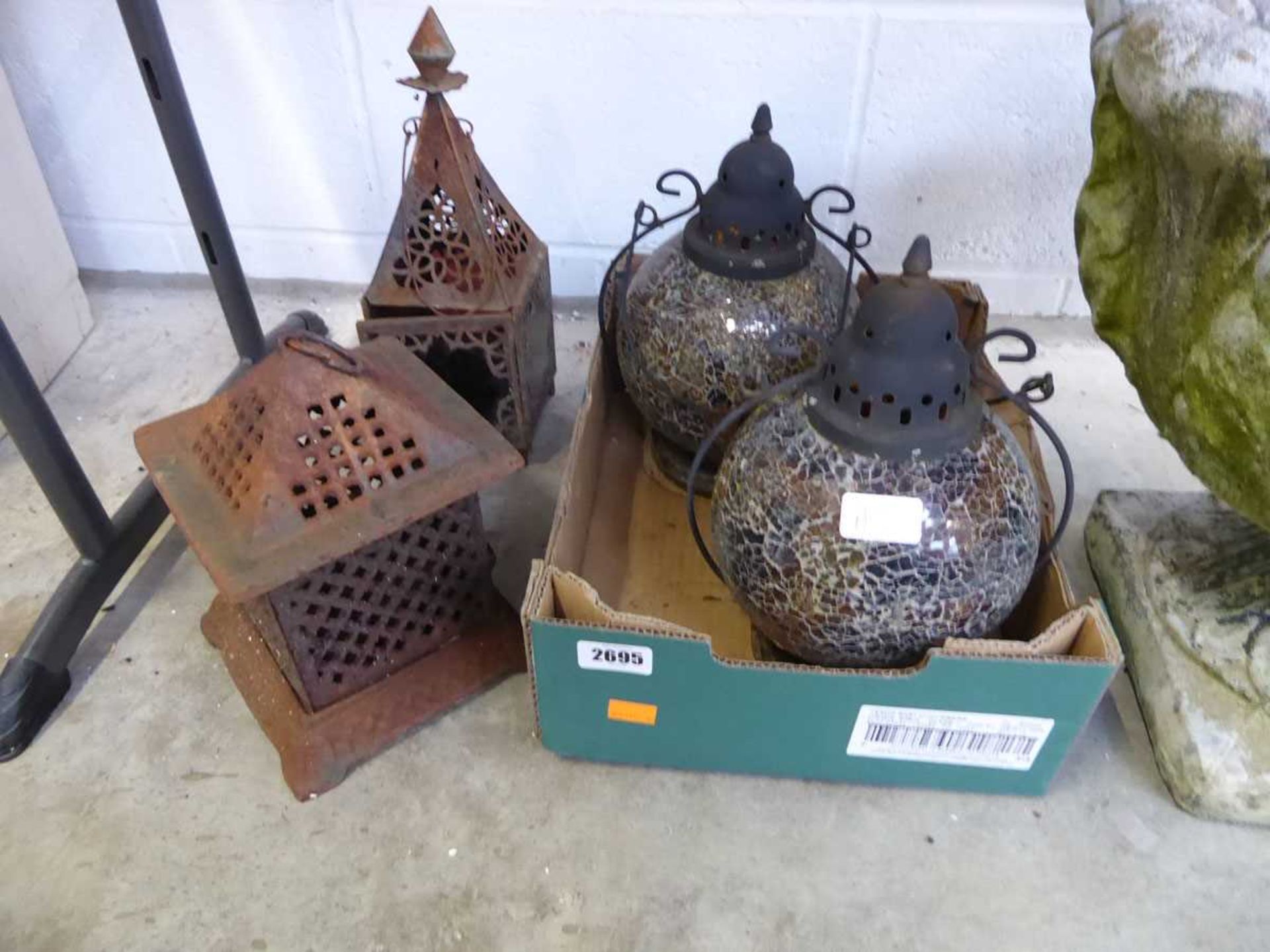 4 decorative metalware garden items incl. Chinese lantern, 2 mosaic glass lanterns and weathered