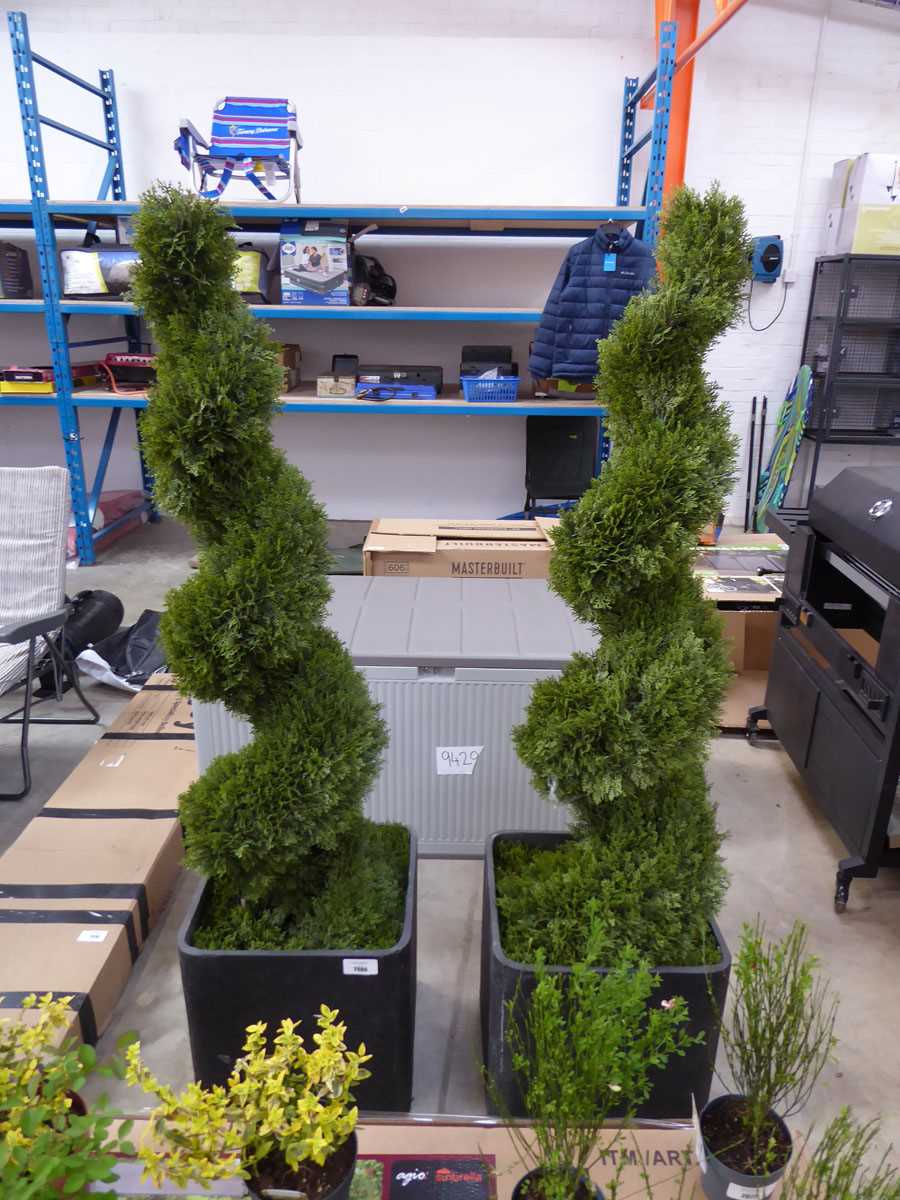 +VAT Pair of artificial spiral shaped conifers in black slate effect pots