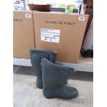 Box containing 5 pairs of green traditional half length wellington boots size UK 4