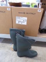 Box containing 5 pairs of green traditional half length wellington boots size UK 4