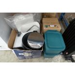 +VAT 2 boxes containing a quantity of various cleaning items to include pedal bins, mop buckets